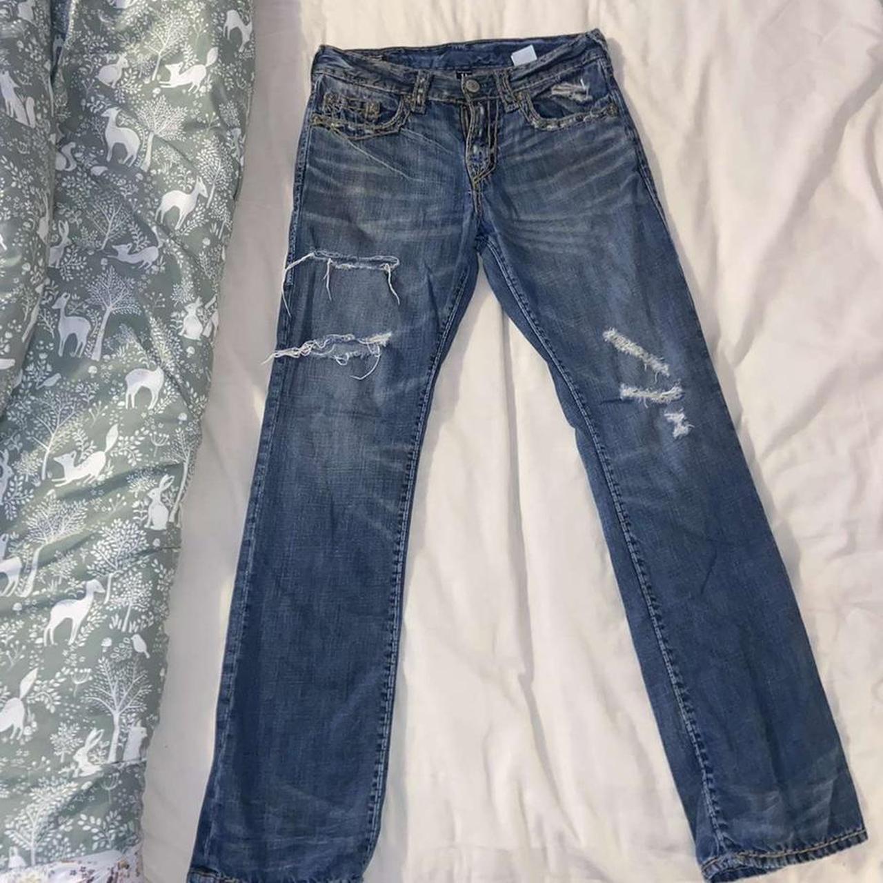 Ripped denim true religion jeans with light blue... - Depop