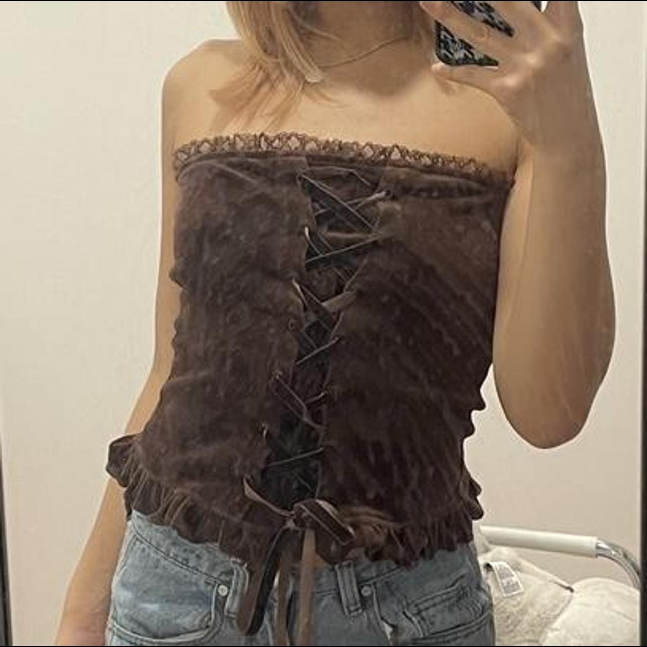 brown tube top velvet top with lace detailing the... Depop