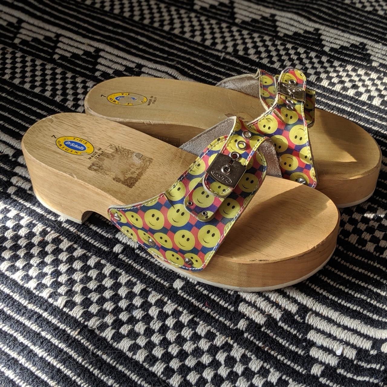 Vintage Dr Scholl s wooden clog sandals with smiley Depop