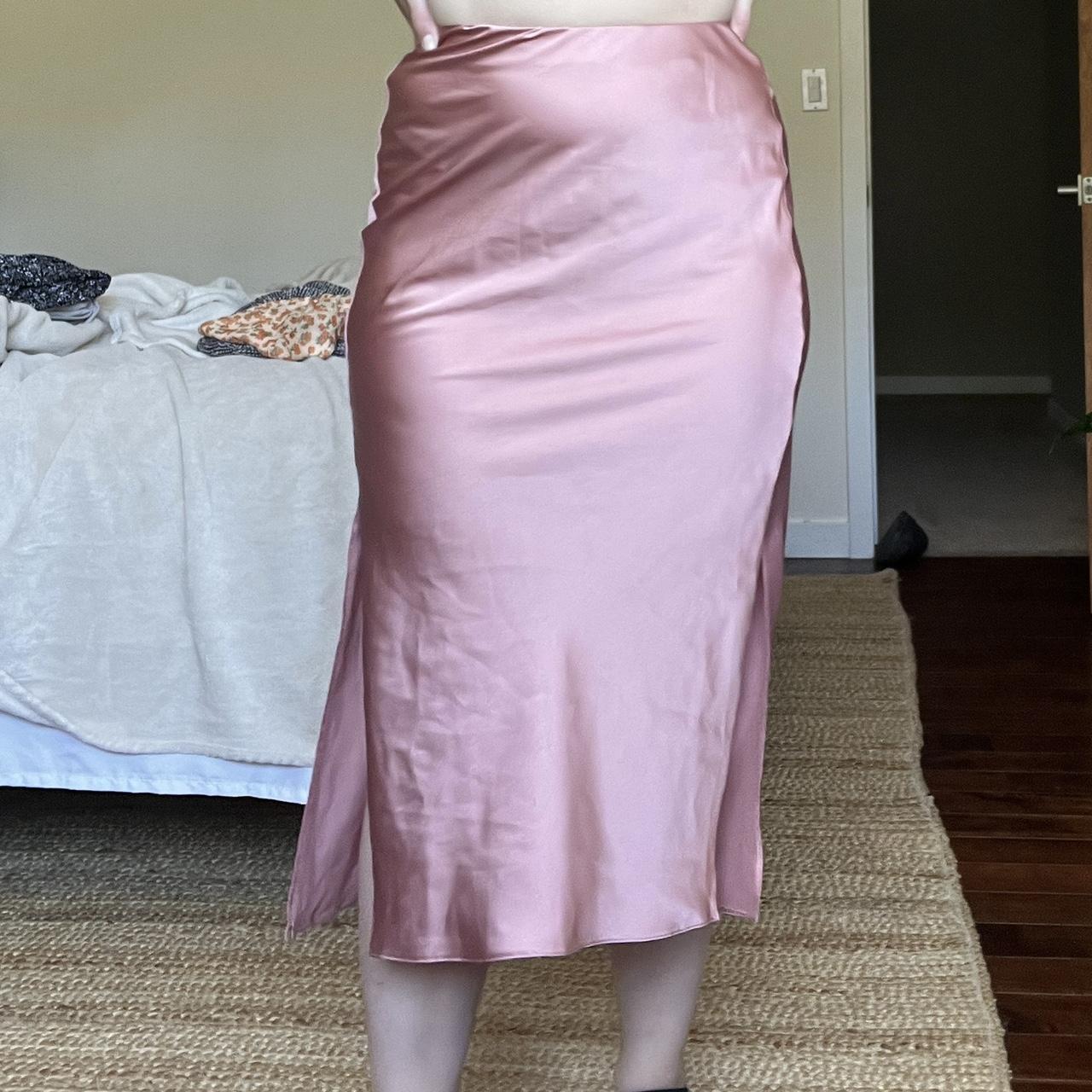 Satin Pink Midi Skirt - Depop