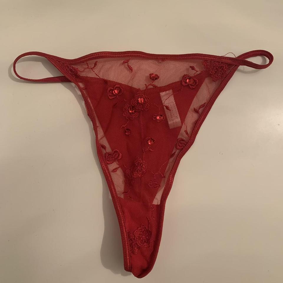 Red g-string thong with mesh, embroidered flower and - Depop