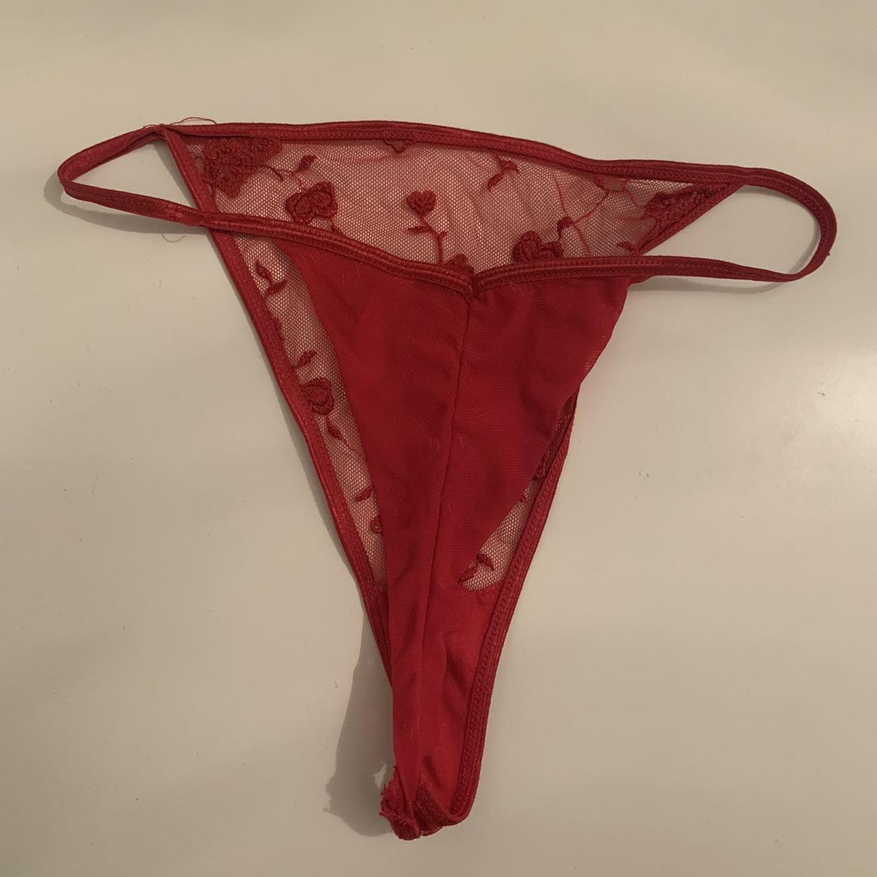 Red g-string thong with mesh, embroidered flower and - Depop
