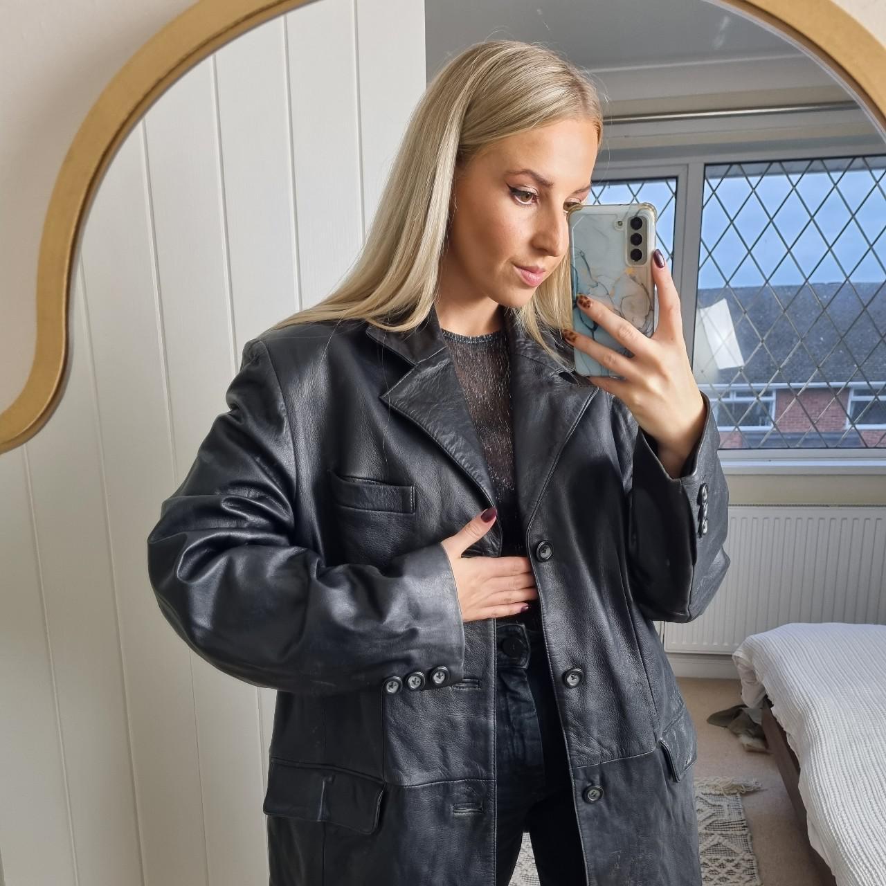 Vintage 100% real leather jacket in black with... - Depop