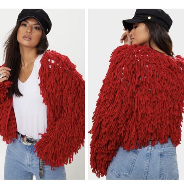 red shaggy knit cropped cardigan