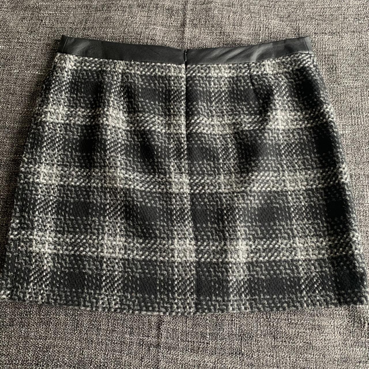 checked tweed skirt faux leather detail size... - Depop