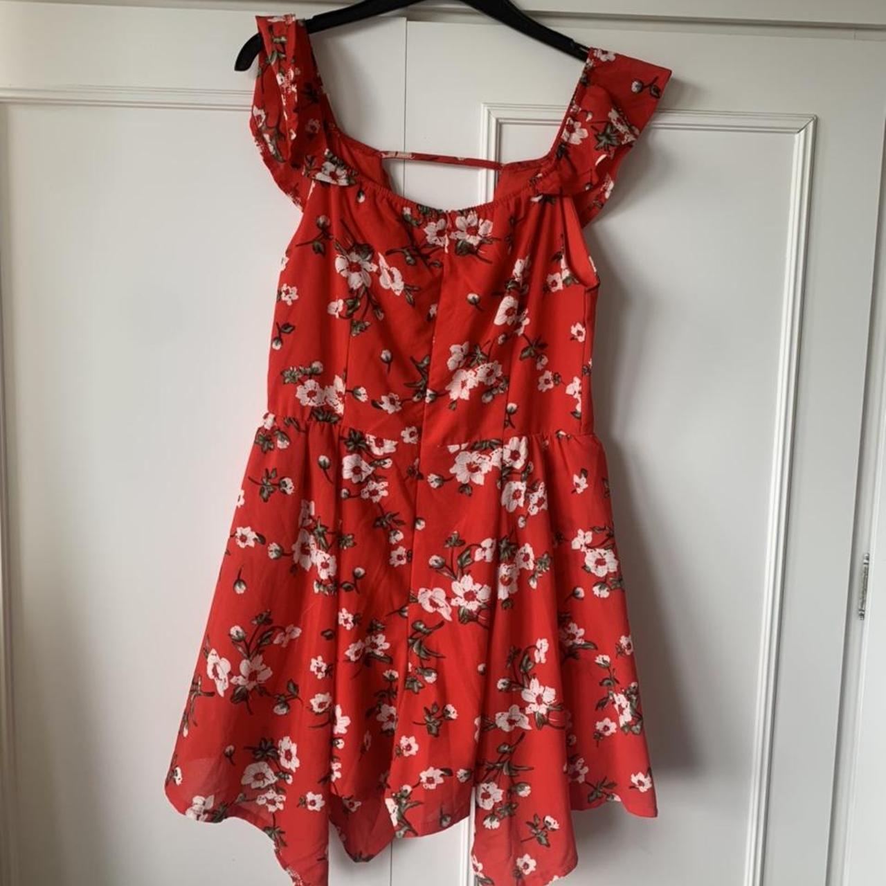 Red floral off the shoulder play suit size large.... - Depop