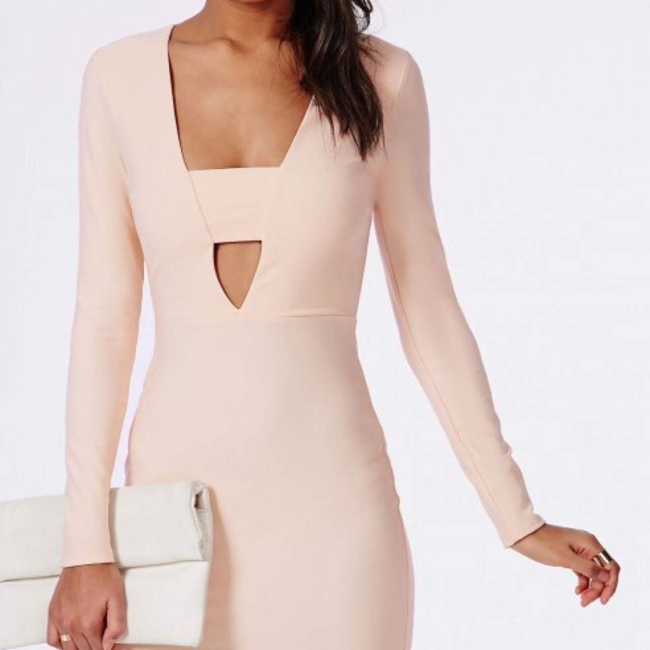 Missguided Nude Long Sleeved Bodycon Dress With Cut Depop