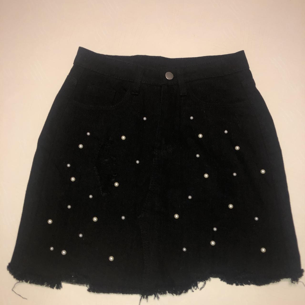 Black denim skirt with pearls Hardly worn No... - Depop