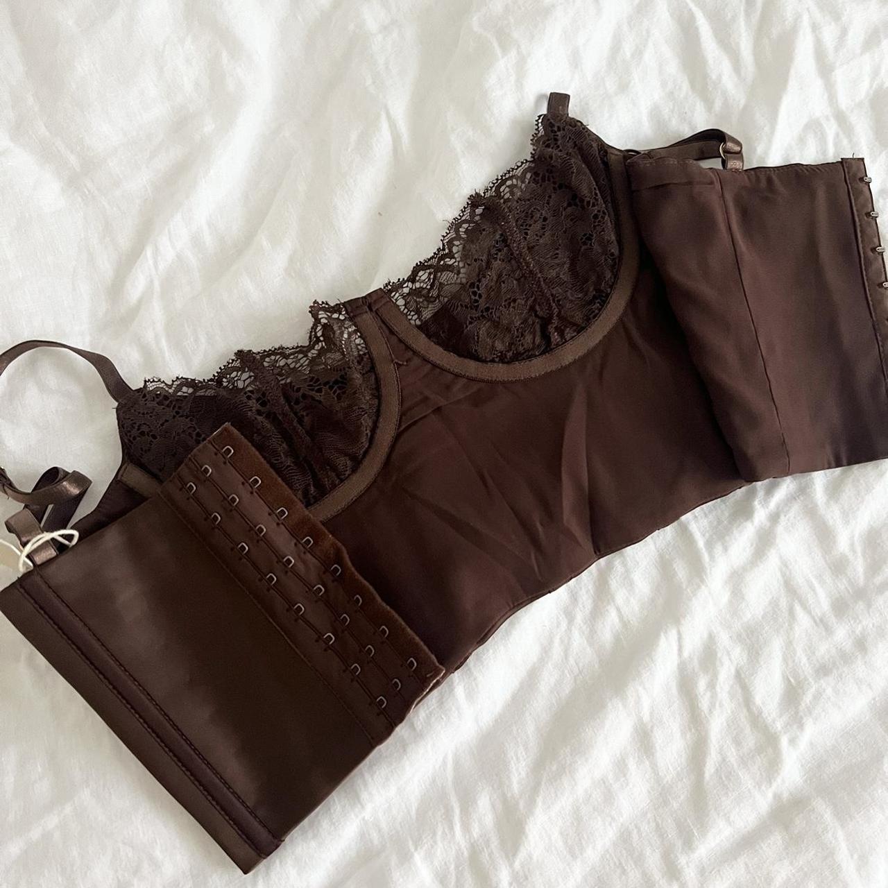 Meshki lake lace cami crop top in chocolate, size - Depop