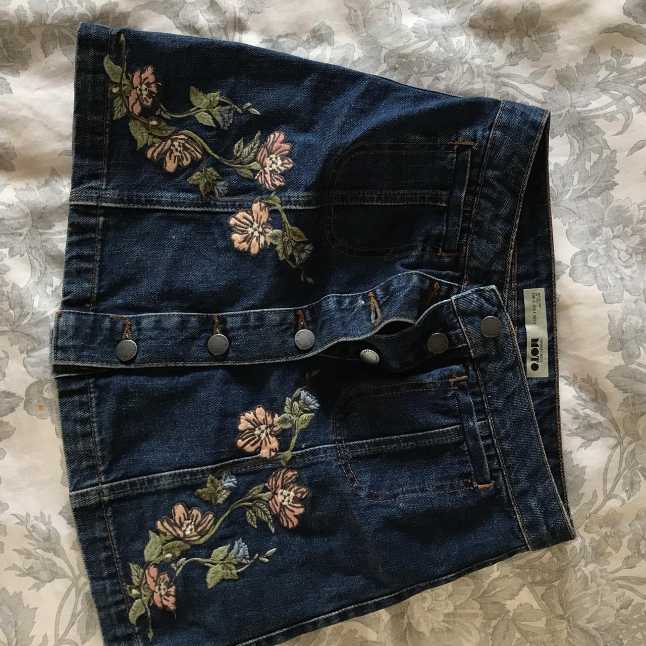 Dark denim skirt with floral embroidery From top... - Depop
