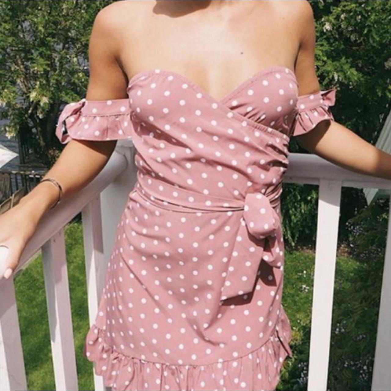 In the Style Dani Dyer pink cold shoulder polka dot