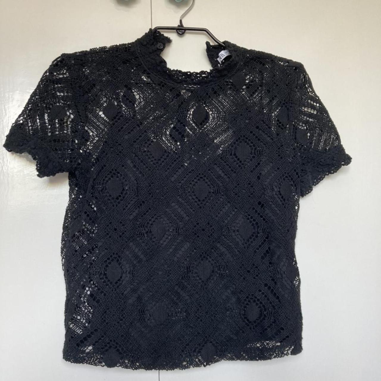 zara black patterned mesh top with top... - Depop