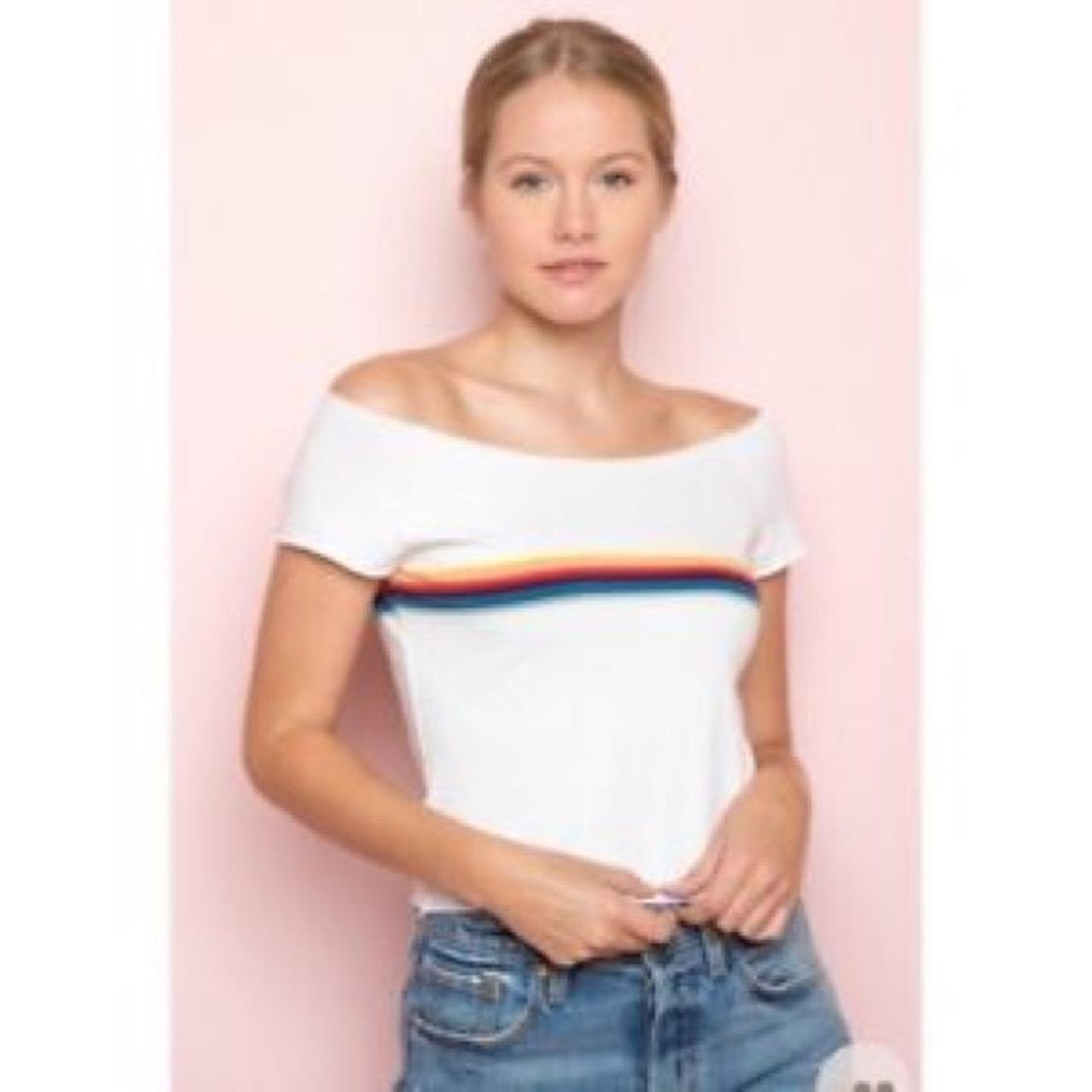 brandy melville white & rainbow off the shoulder... - Depop