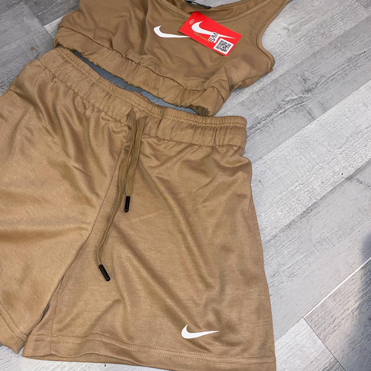nike crop top and shorts set brown
