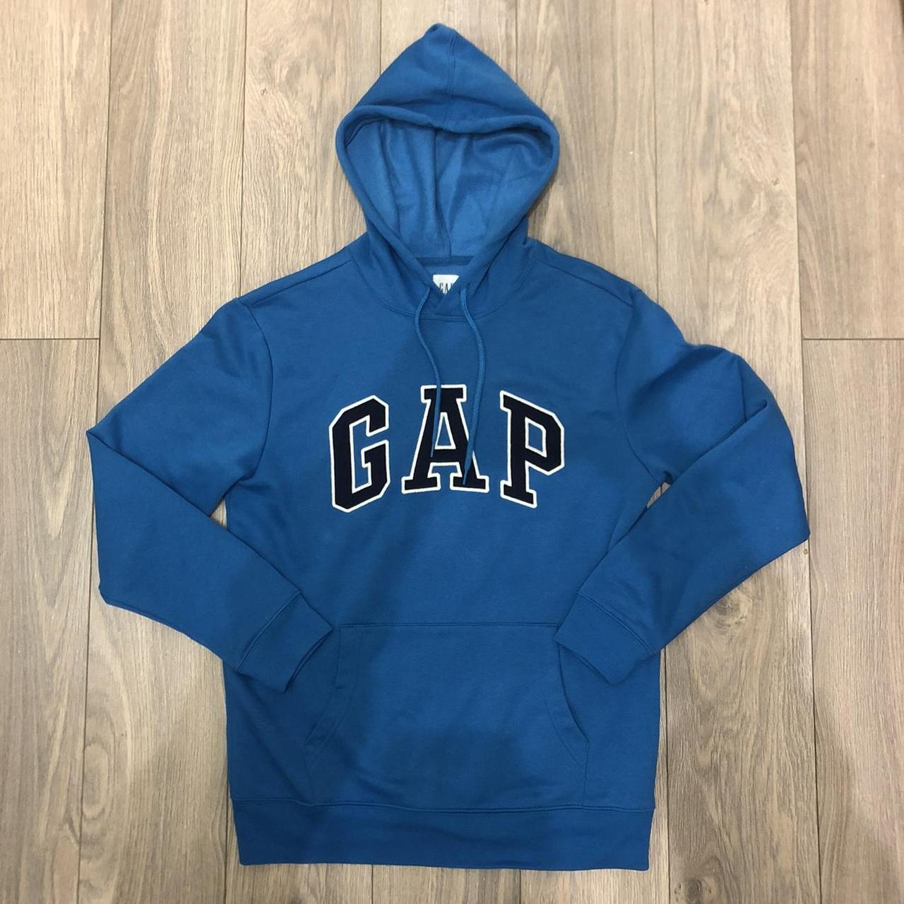 gap hoodie fleece lined blue with navy and white... - Depop