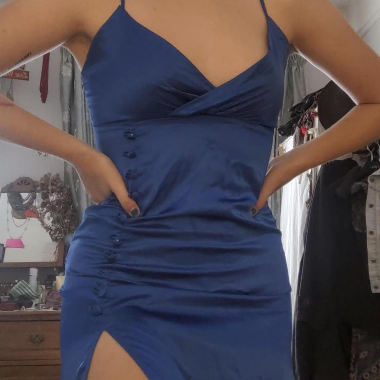 Electric blue satin midi dress with slit and cross... - Depop