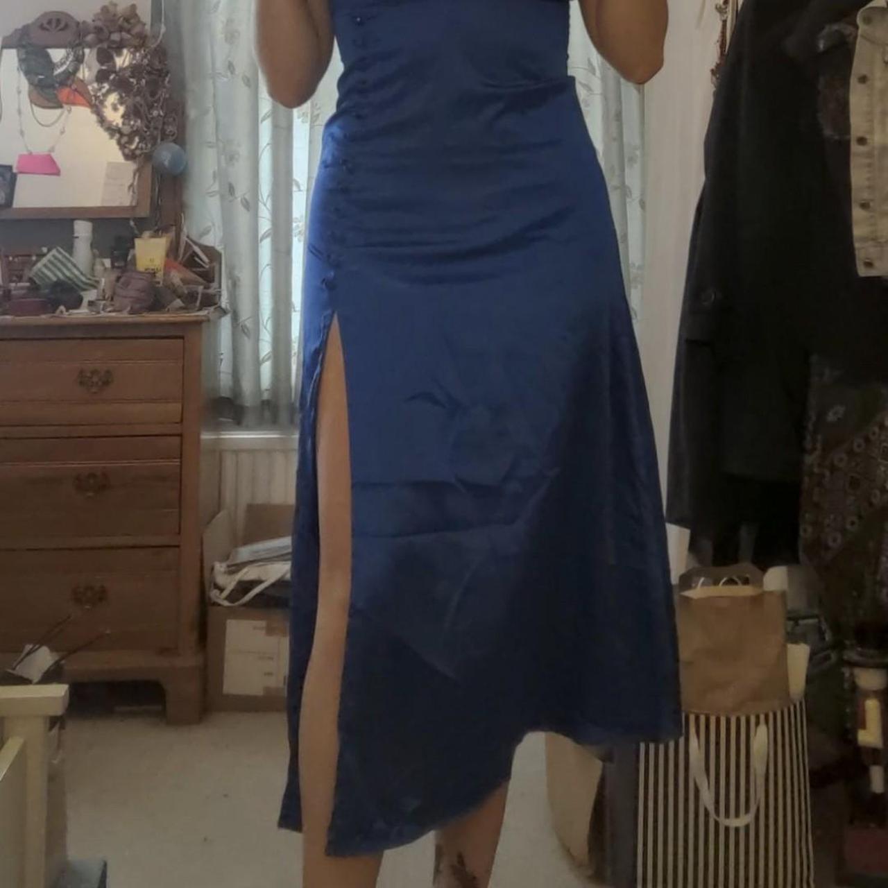 Electric blue satin midi dress with slit and cross... - Depop