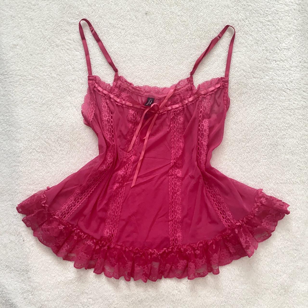 Red sheer lace mesh cami top / lingerie with ruffle - Depop