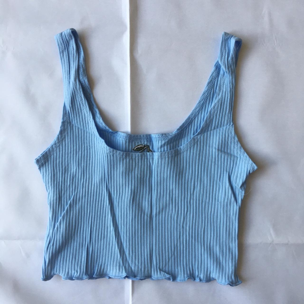 Blue ribbed crop top with cherry embroidered logo on... - Depop