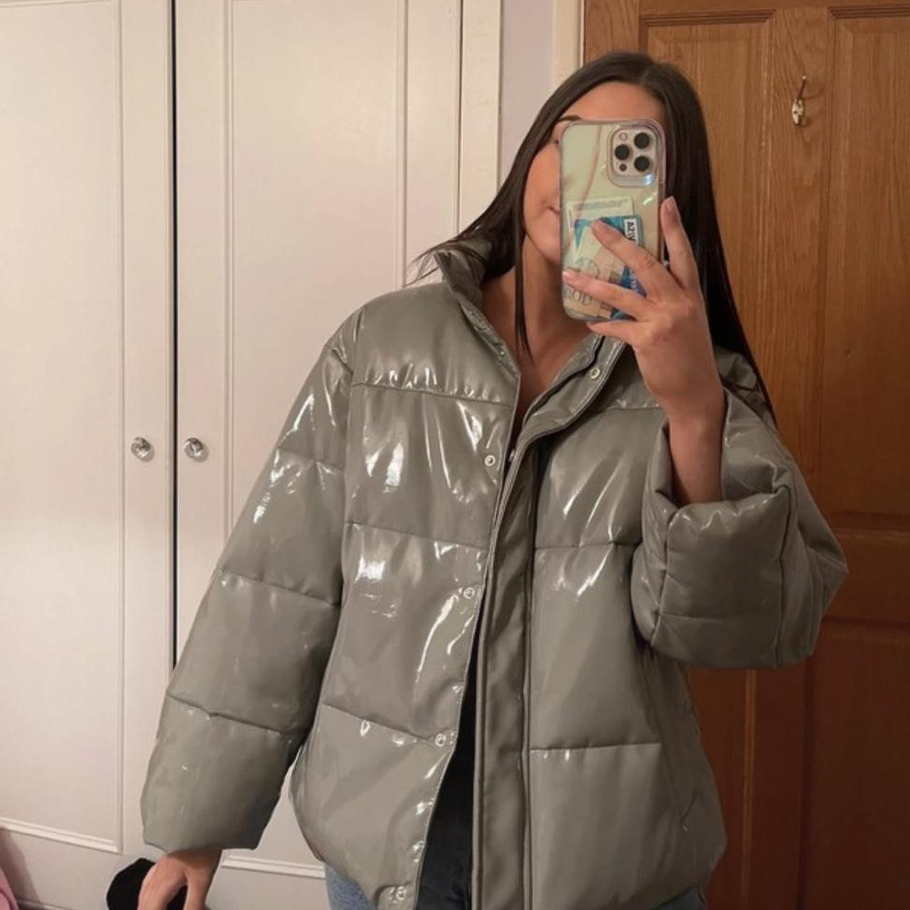 asos design vinyl puffer jacket in sage