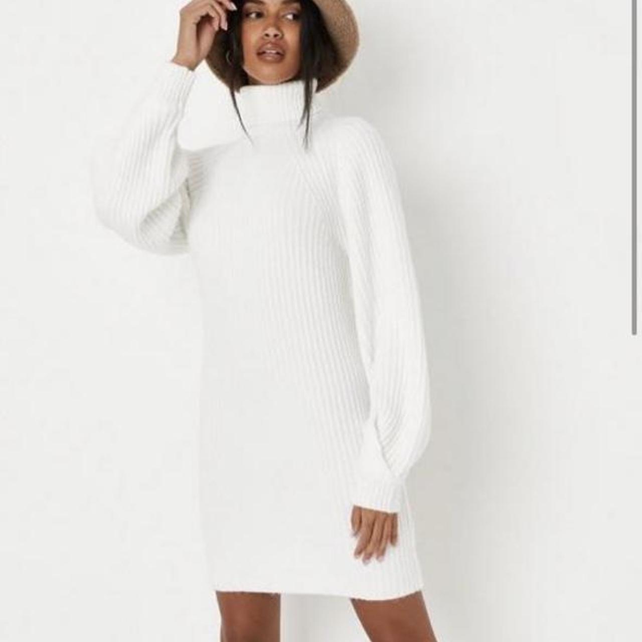 Missguided White Knit Dress Recycled White Tuck Sleeve Roll Neck