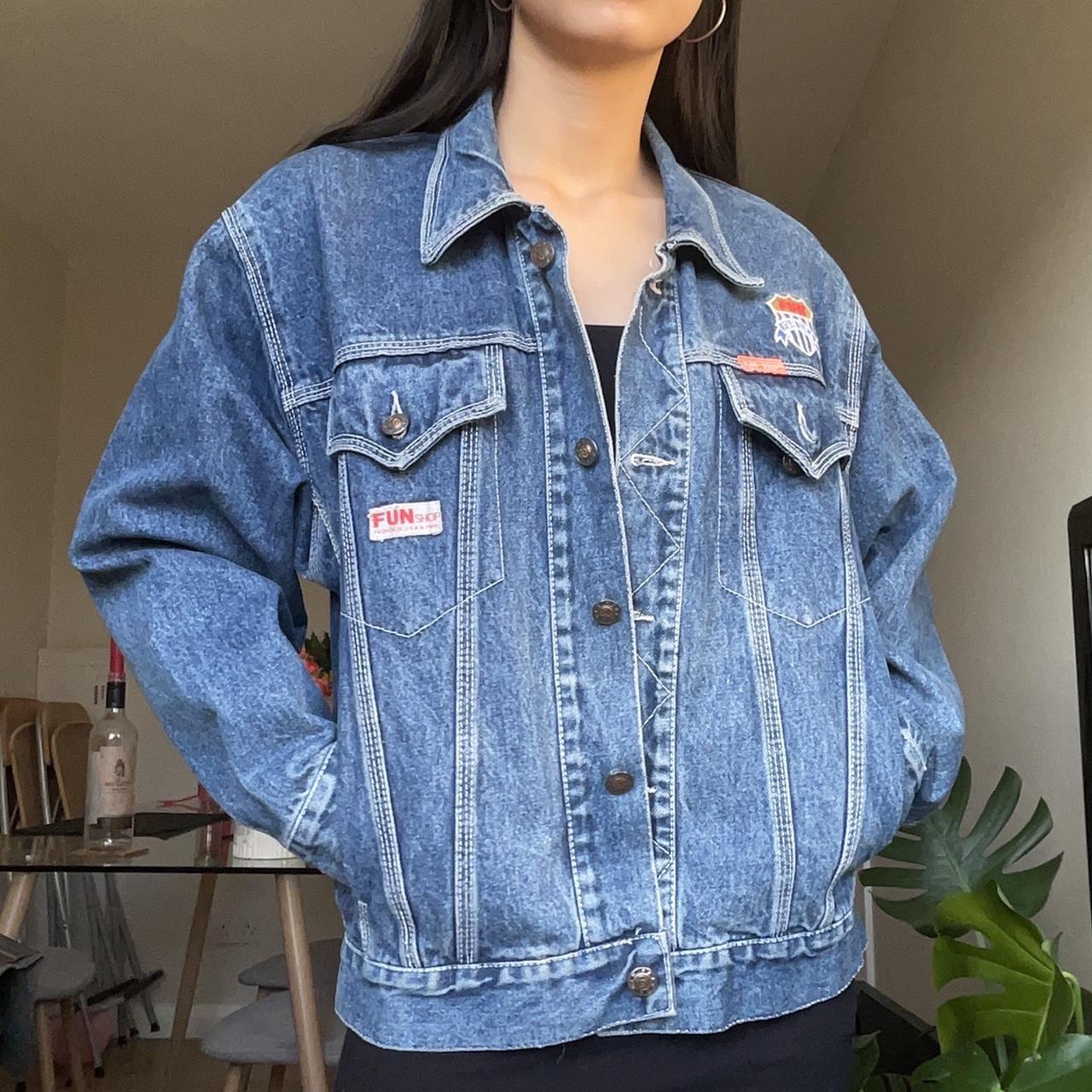 Oversized blue denim jacket with some sewn on... - Depop