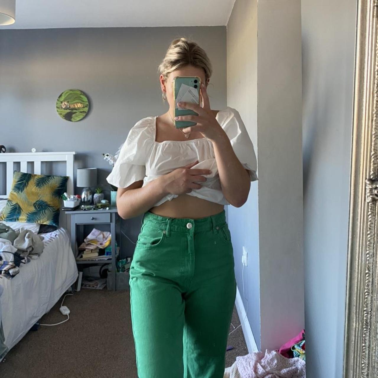 Green wide leg Zara jeans Shown on size 10 I’m 5’4... - Depop