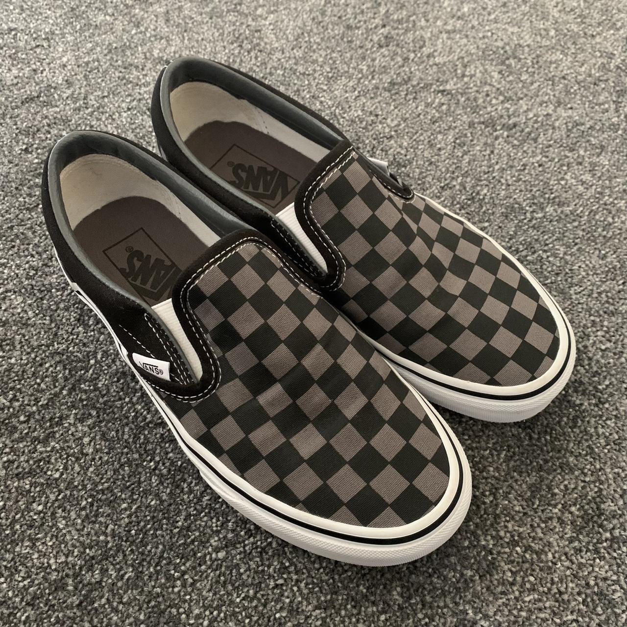 black and grey checkerboard slip-on vans size UK... - Depop