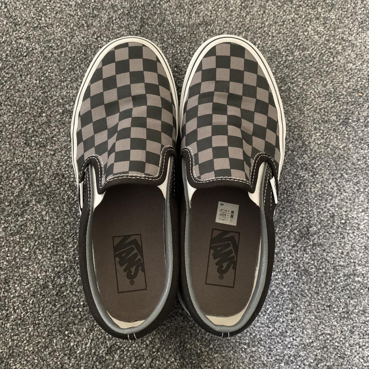 black and grey checkerboard slip-on vans size UK... - Depop