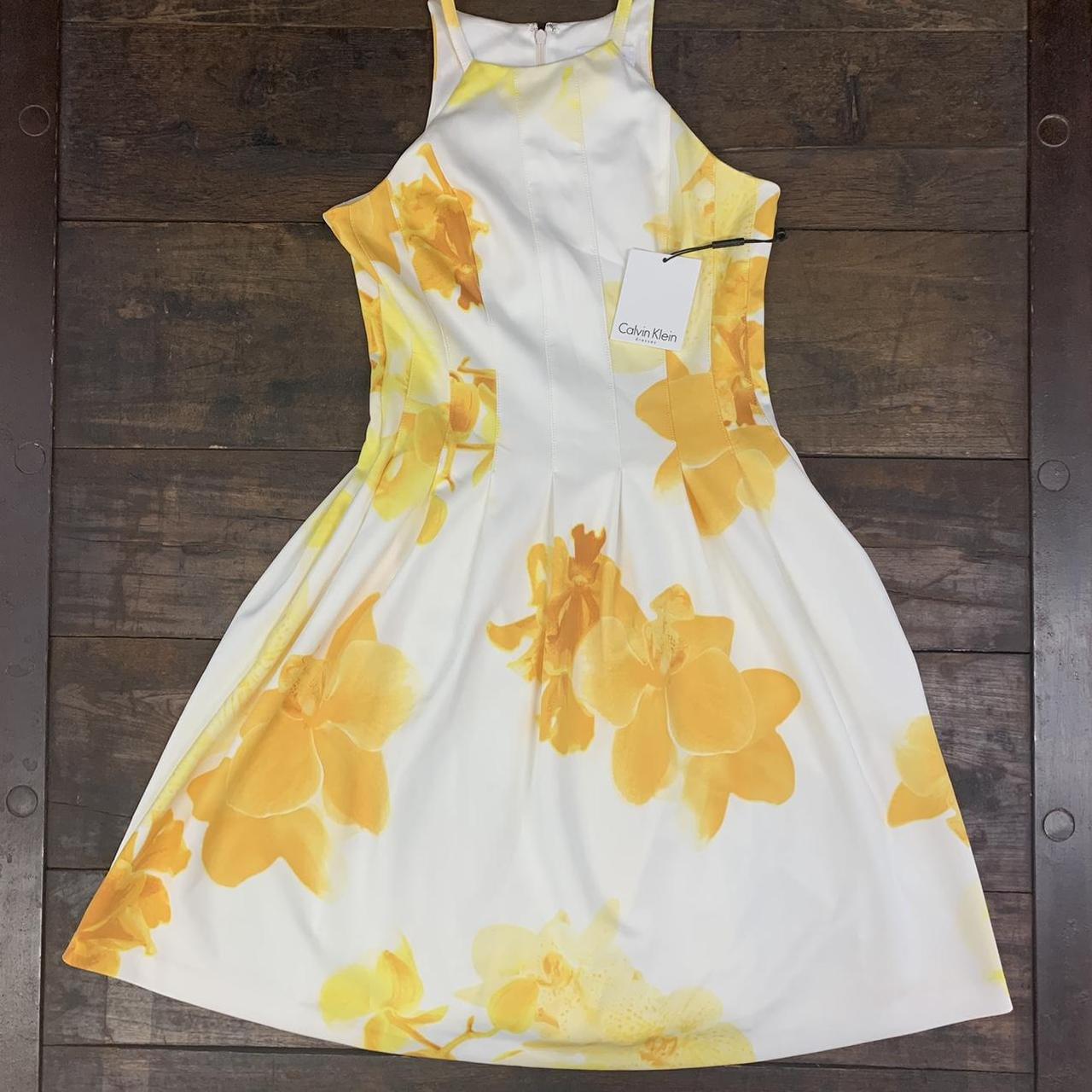 Calvin Klein Women's White and Yellow Dress | Depop