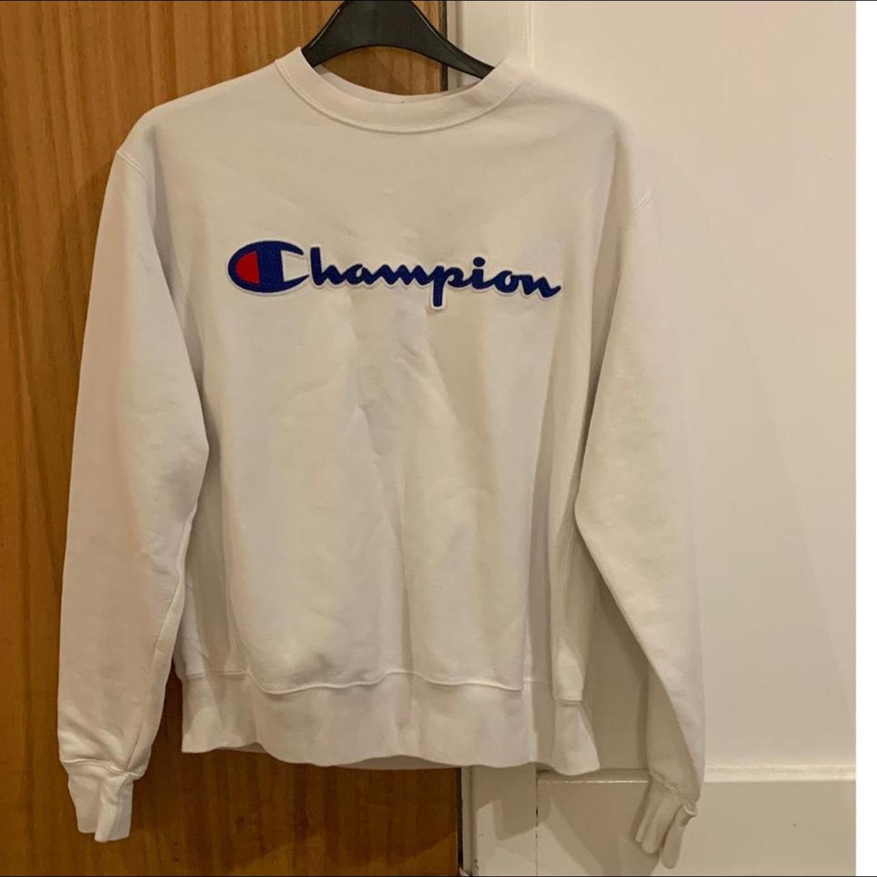 White oversized long sleeve Champion sweater/... - Depop
