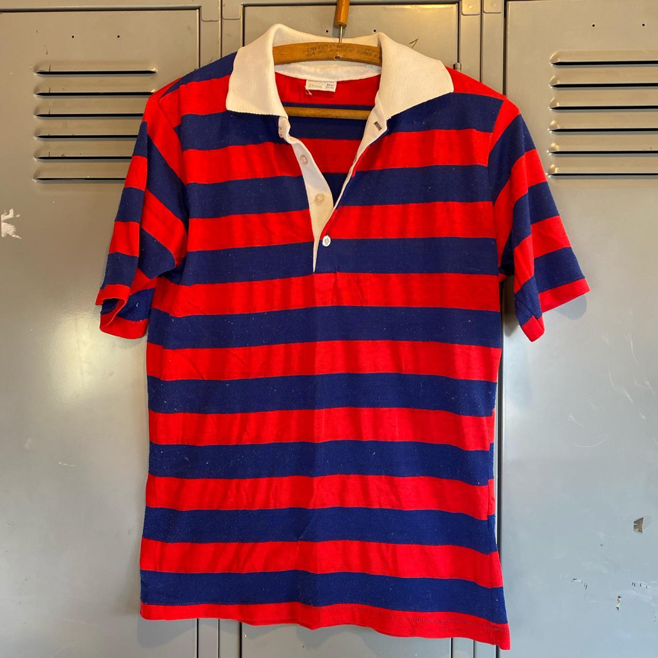 This men's red and blue striped polo shirt is... - Depop