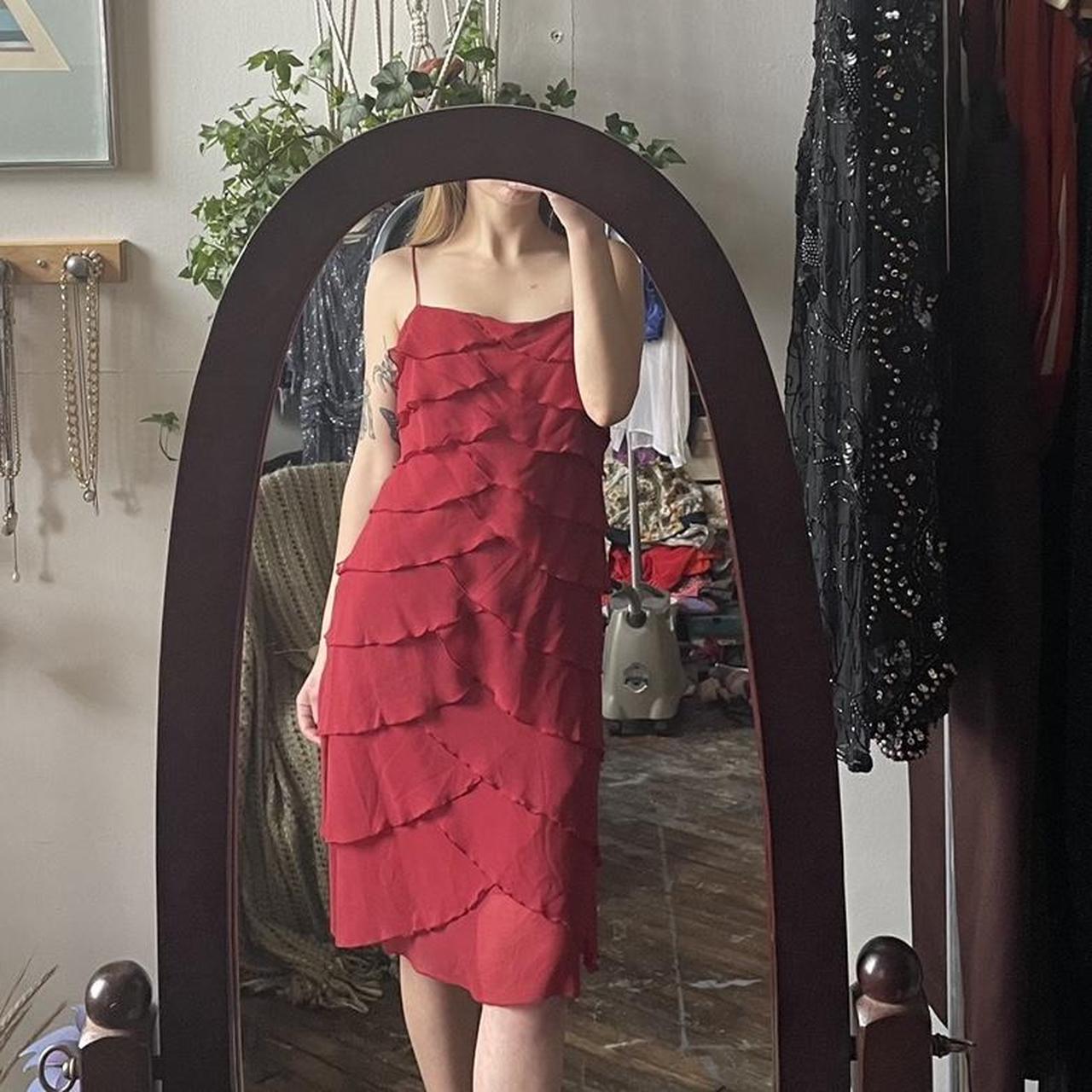 BCBGMaxazria y2k Red Tiered Fluttery 100 Silk Midi