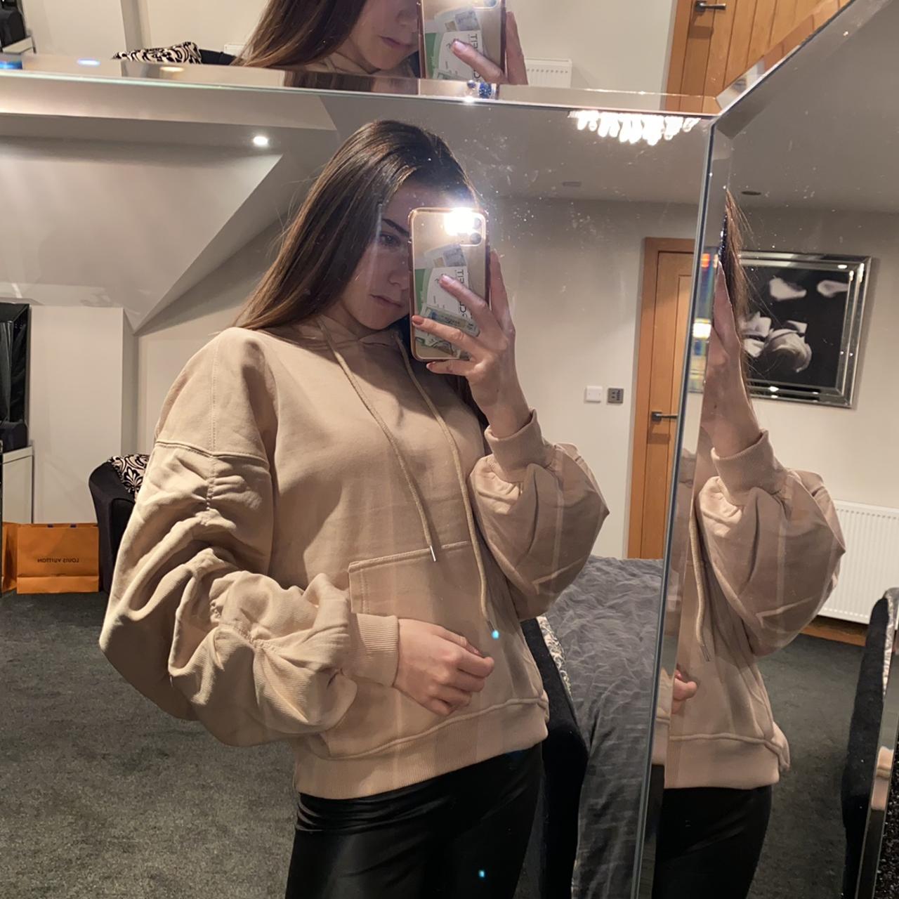 beige ruched sleeve hoodie