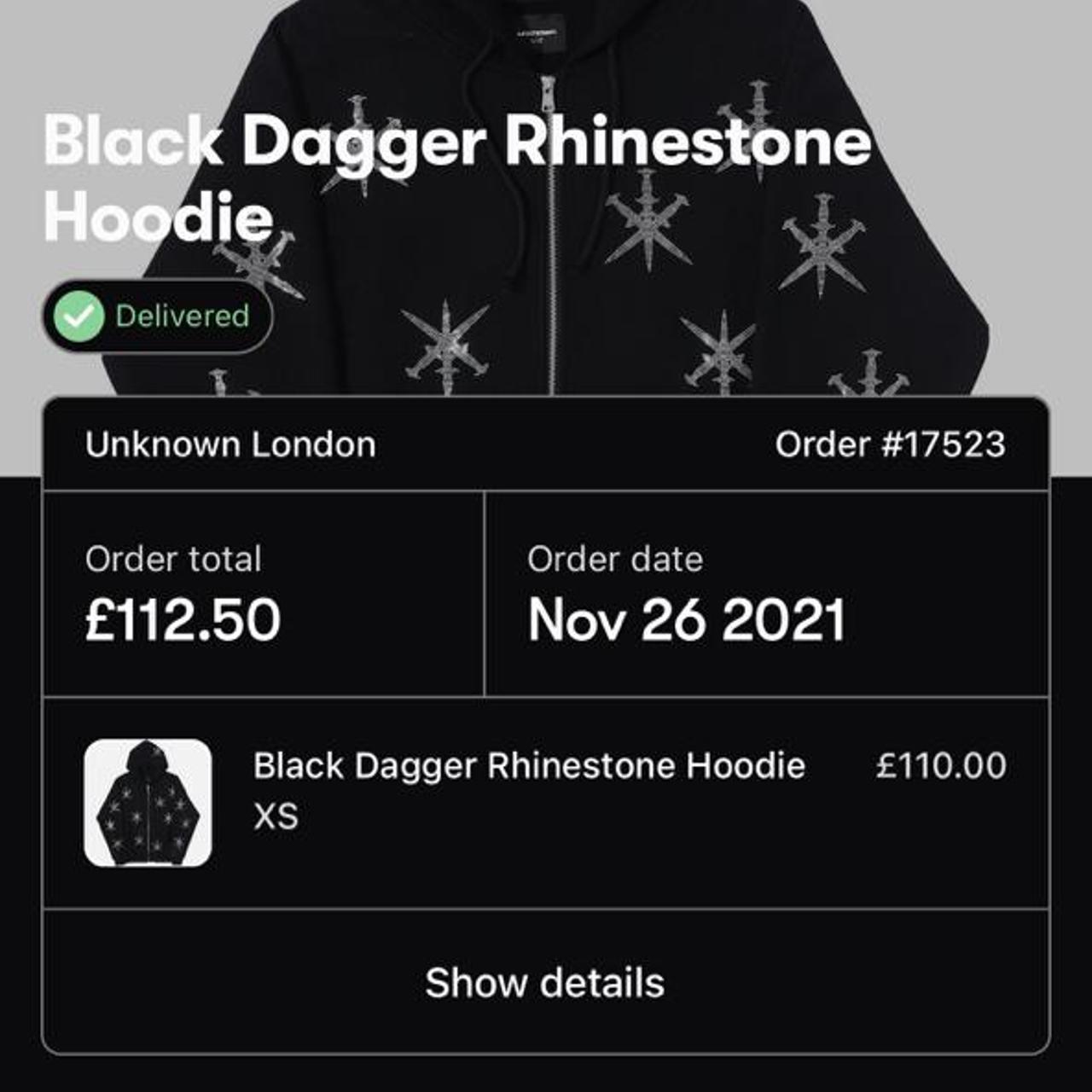 unknown london rhinestone dagger zip up hoodie, size...