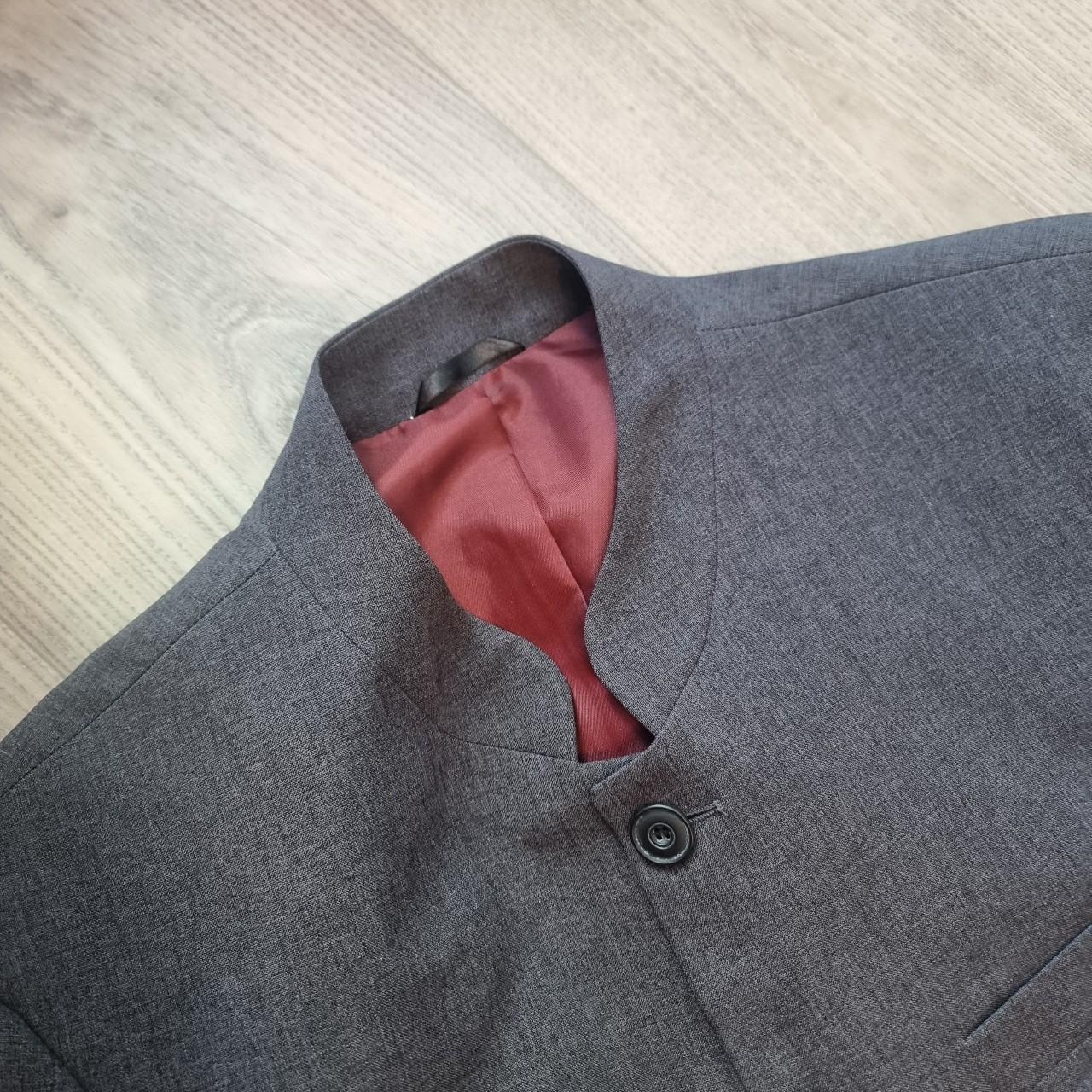 Mens charcoal grey collarless suit with red interior... - Depop