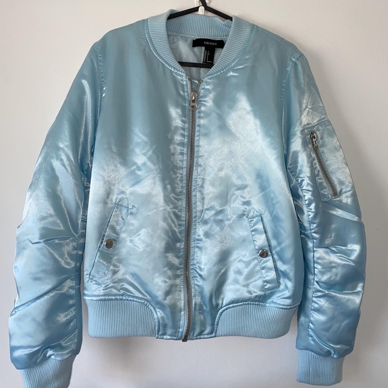 Baby Blue Satin Bomber Jacket for Women