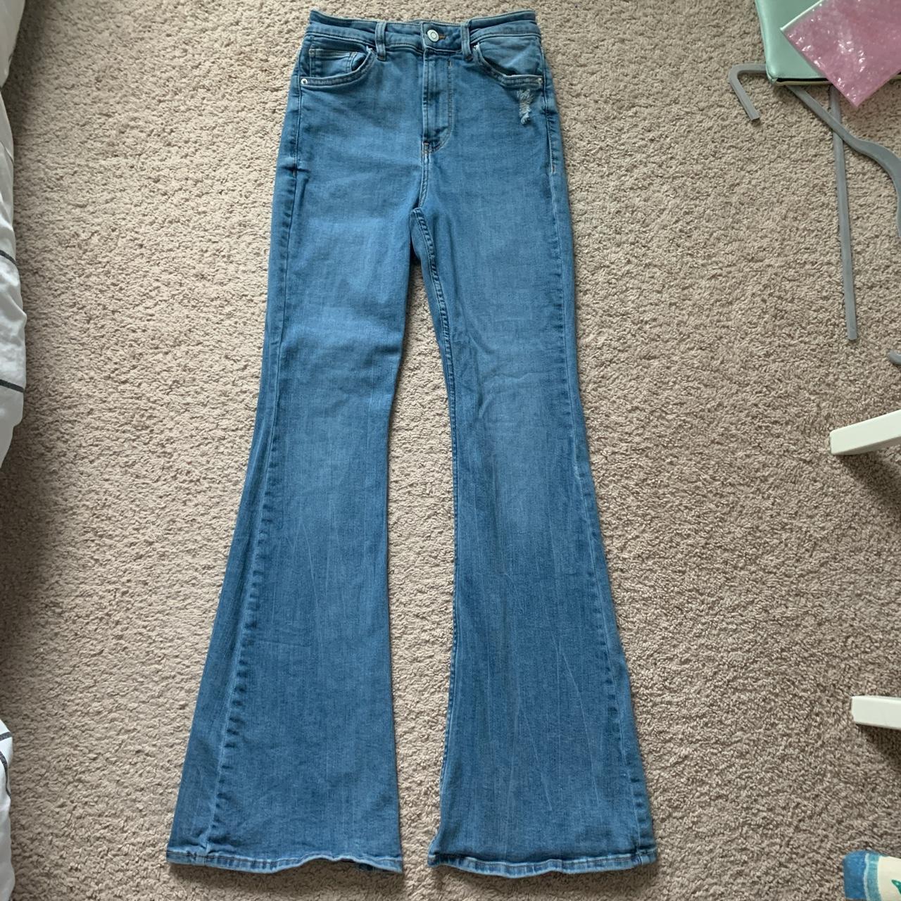 bershka super high waisted denim flare jeans super... - Depop