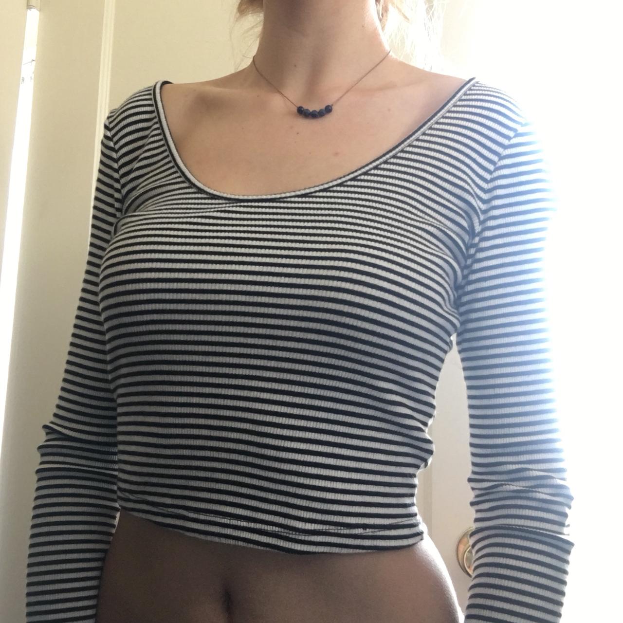 Brandy Melville White with Navy Stripes Long Sleeve Top Semi Cropped One  Size
