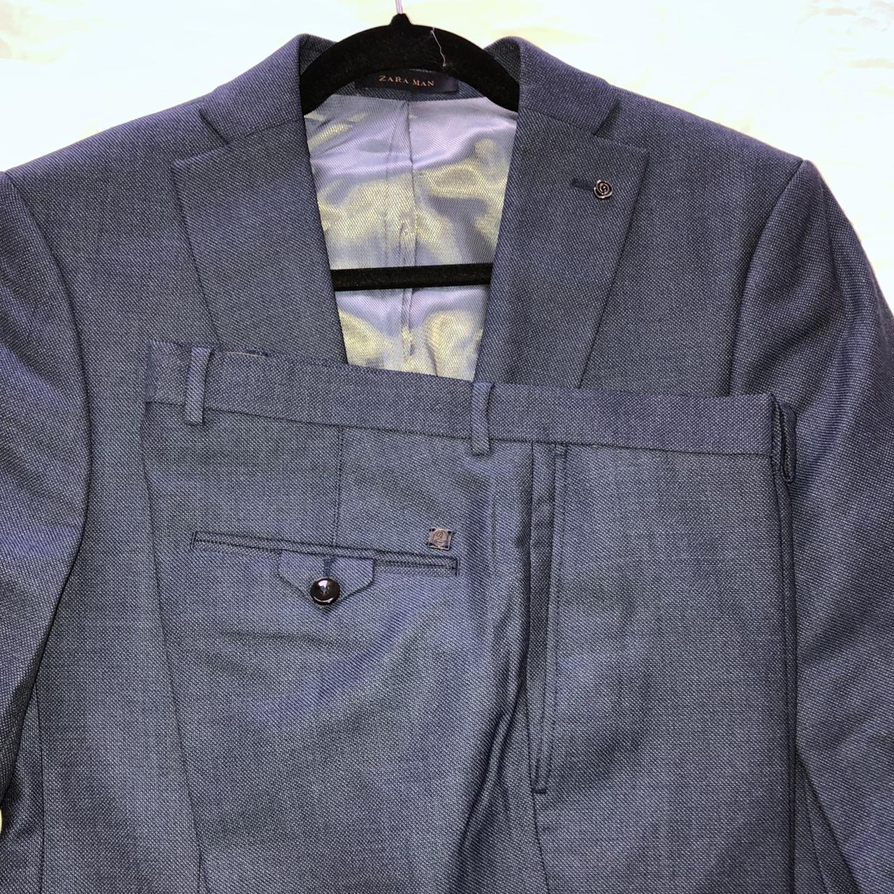 Zara Men's Blue and Navy Suit Depop