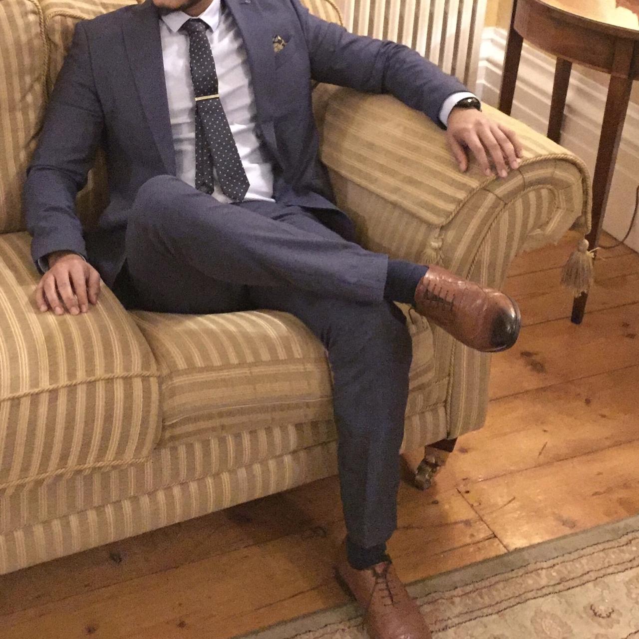 Zara Men's Blue and Navy Suit Depop