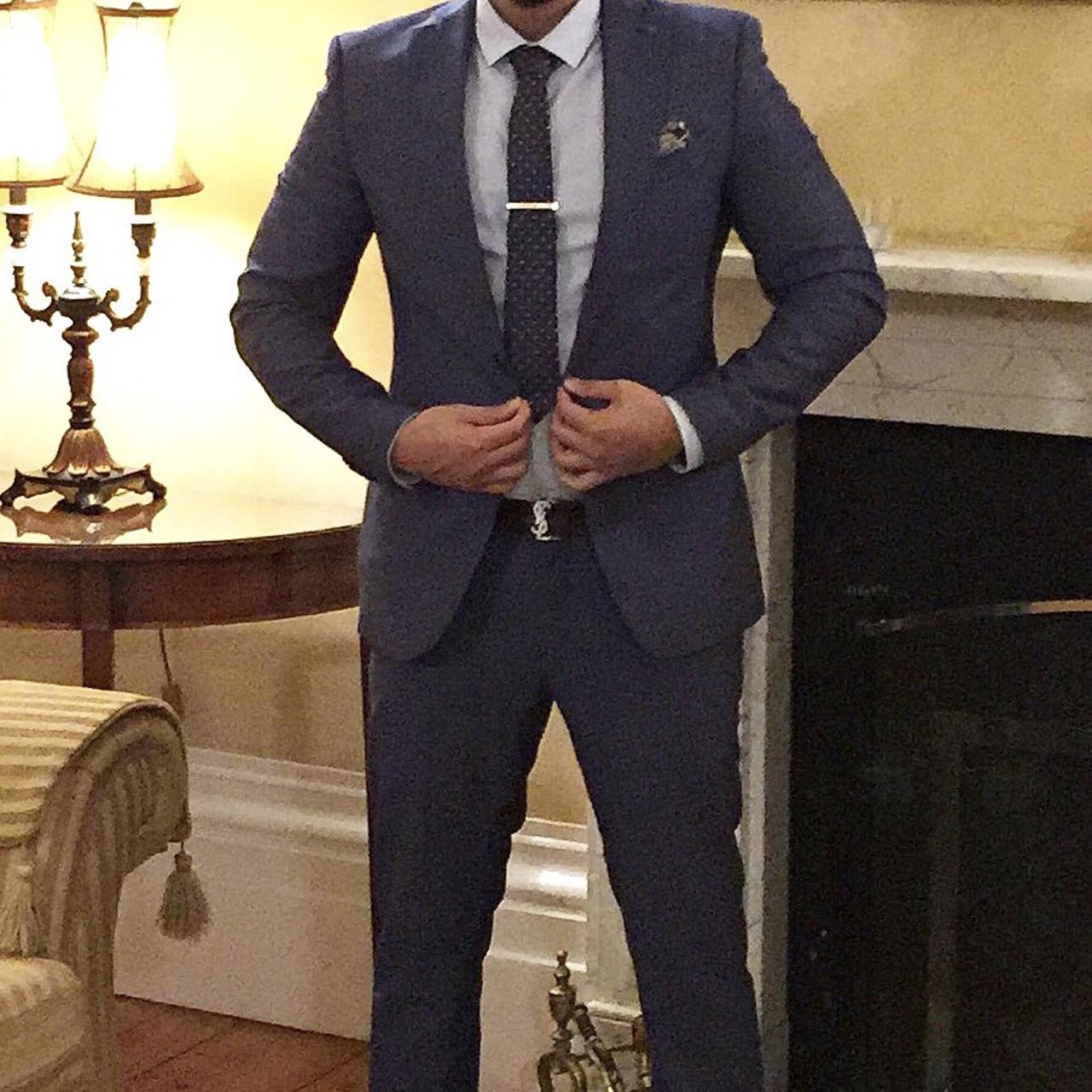 Zara Men's Blue and Navy Suit Depop