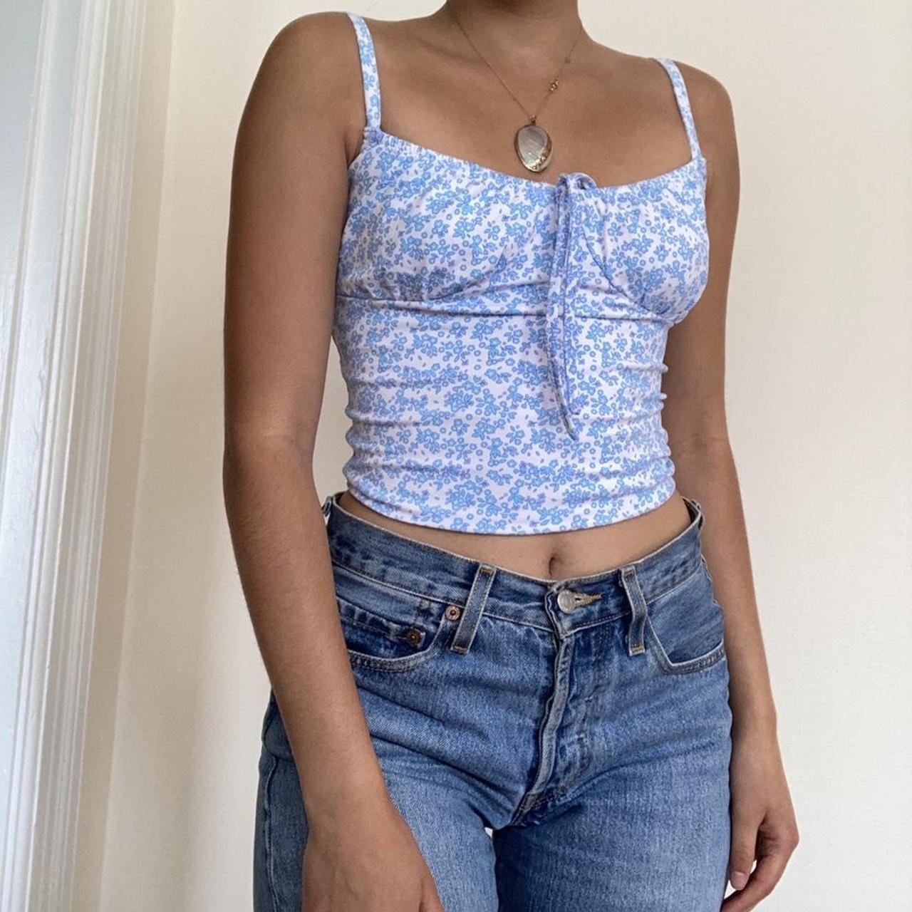 floral blue and white bustier style tank top from... - Depop