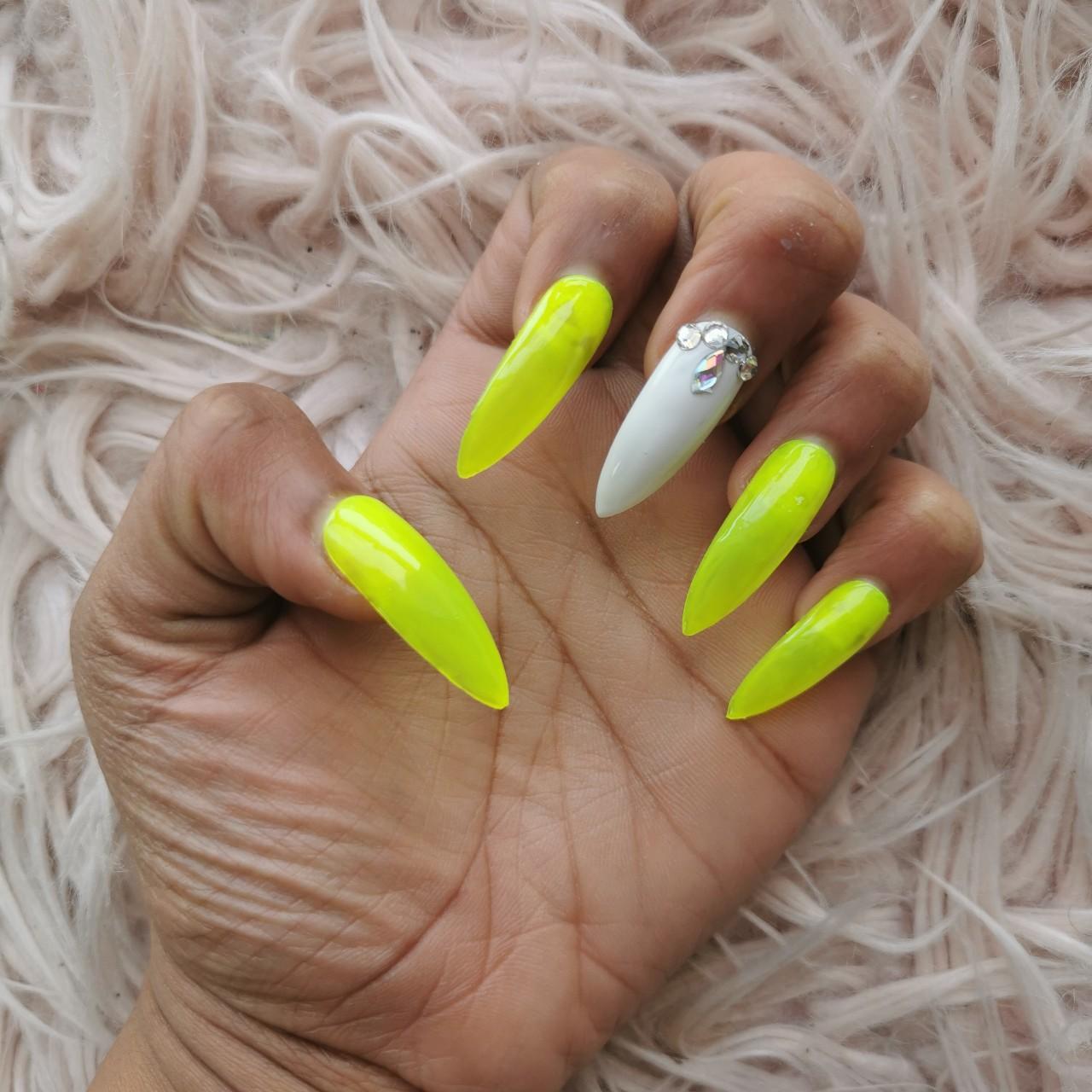 Long yellow acrylic nails with rhinestones  Yellow nails, Bling nails,  Square acrylic nails