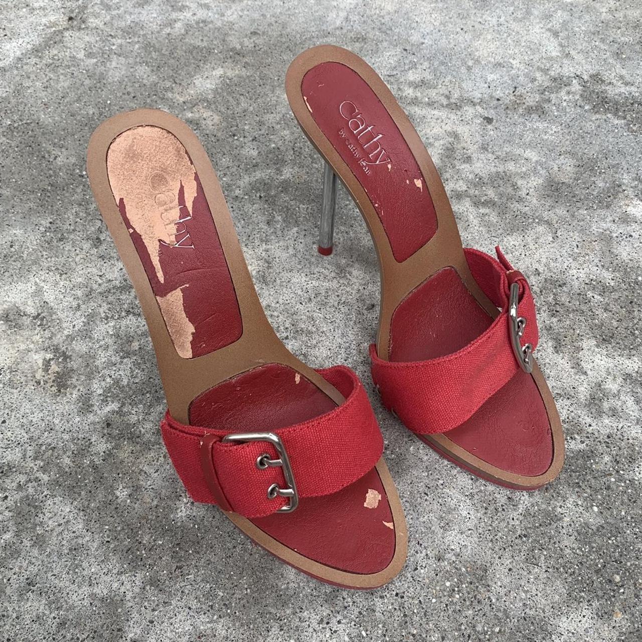 Adorable y2k metal heel slip on red stilettos with... - Depop