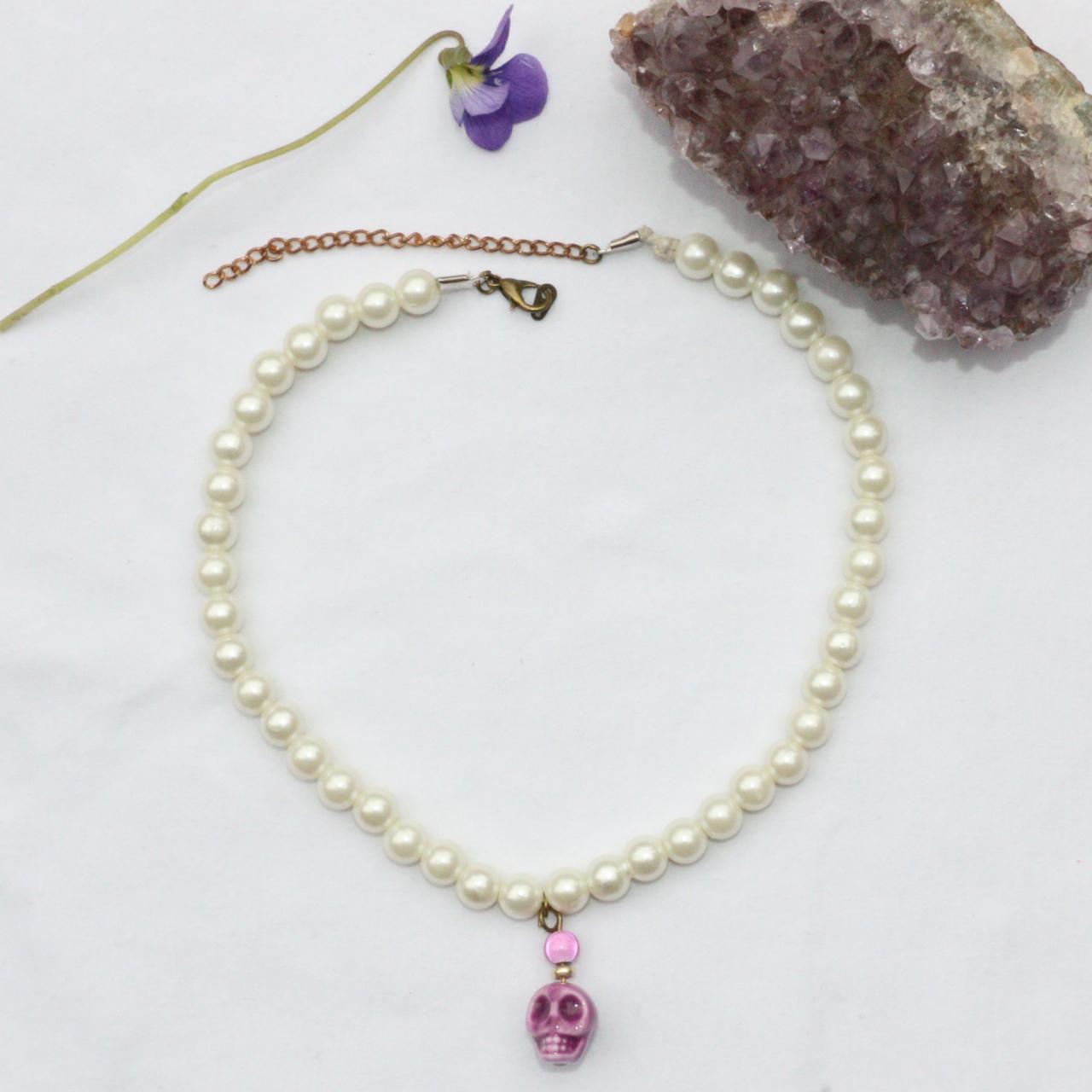 Pearl choker with purple skull purple Depop