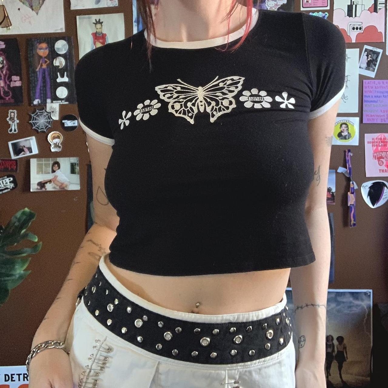 omighty tribal butterfly ringer crop top white and... - Depop