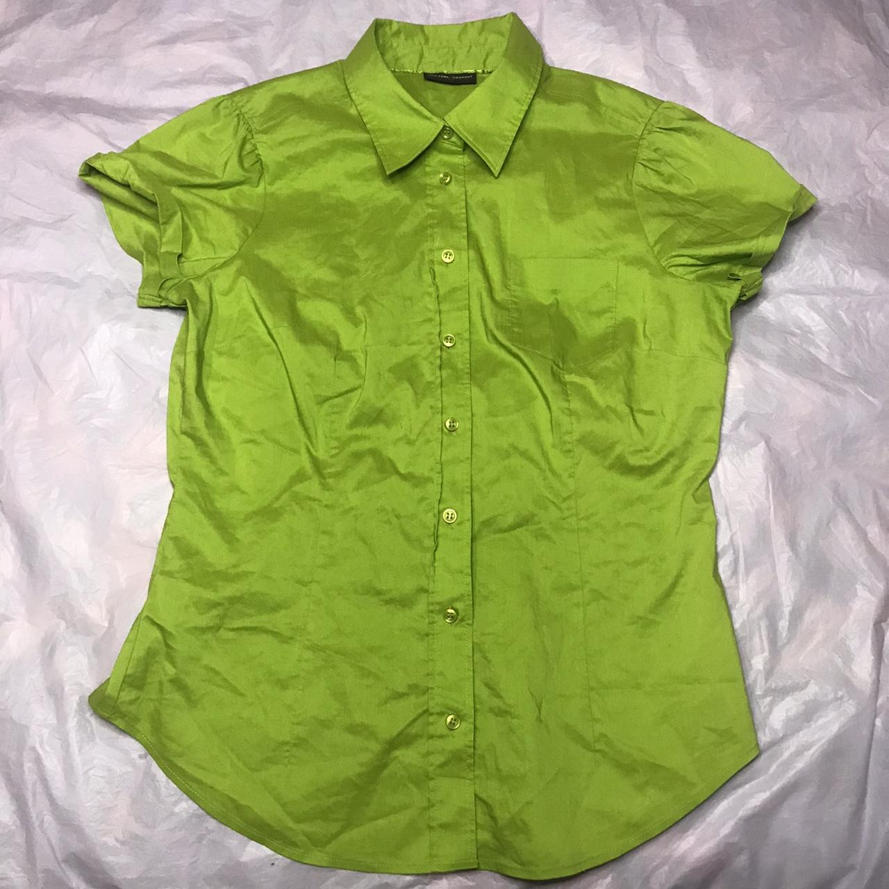 simple lime green stretchy button up short puff... - Depop