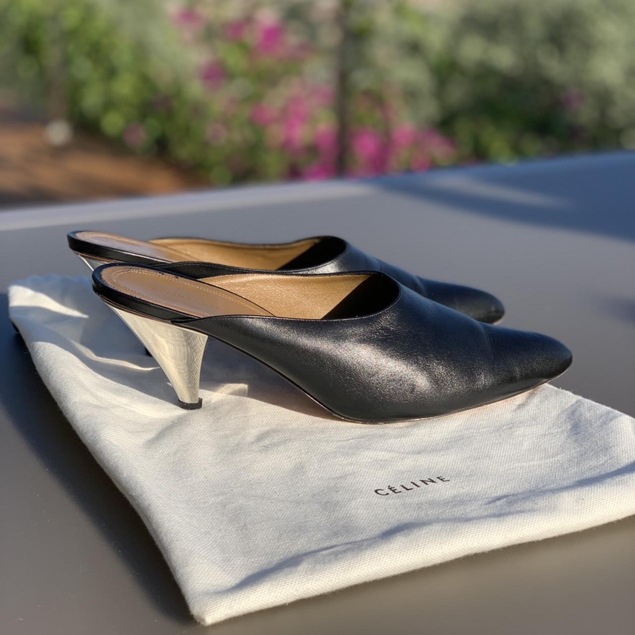 Old Celine v-neck black leather kitten heels on Depop