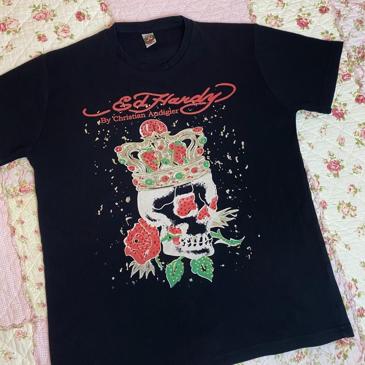 cute ed hardy rhinestone shirt ️ in great condition,... - Depop